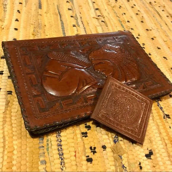 Vintage Handbags - Vintage Hand Tooled Leather Clutch & Wallet